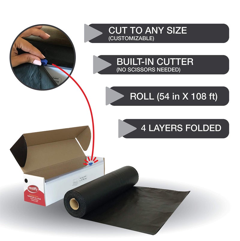 Neatiffy Disposable Plastic Table Cloth Roll | 54 in x 108 Ft Waterproof Tablecloth | Table Cover for Rectangle, Square, Round Oval Tables | Picnic, Party, Banquet, Birthdays, Weddings - Black - Image 4